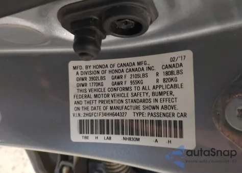 2017 Honda Civic Ex-T из США, поврежденный, VIN 2HGFC1F34HH644327